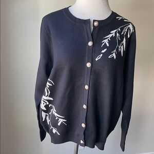 Elegant Black Cardigan with White Leaf Pattern